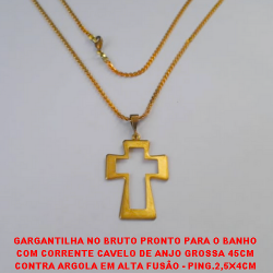 GARGANTILHA NO BRUTO PRONTO PARA O BANHO COM CORRENTE CABELO DE ANJO GROSSA 45CM CONTRA ARGOLA EM ALTA FUSÃO - PING.2,5X4CM COM FECHO LAGOSTA - PESO 8,9GR -BRU0319