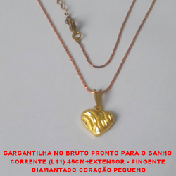 GARGANTILHA NO BRUTO PRONTO PARA O BANHO  CORRENTE (L11) 45CM+EXTENSOR - PINGENTE  DIAMANTADO CORAÇÃO PEQUENO DE 1CM - PESO TOTAL 2,3GR -(DIA) - BRU2126
