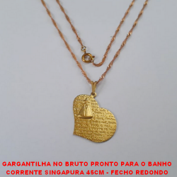 GARGANTILHA NO BRUTO PRONTO PARA O BANHO COM CORRENTE SINGAPURA 45CM - FECHO REDONDO PINGENTE DE CORAÇÃO DE NOSSA SENHORA APARECIDA 2,5X2CM - PESO 4GR - BRU3540