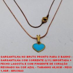 GARGANTILHA NO BRUTO PRONTO PARA O BANHO -  GARGANTILHA COM CORRENTE (L11) IMPORTADA +  FECHO LAGOSTA E COM PINGENTE DE CORAÇÃO  RESINADO NA COR AZUL - TAMANHO 45,0CM - PESO  1,9GR - BRU3643