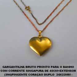 GARGANTILHA BRUTO PRONTO PARA O BANHO COM CORRENTE SINGAPURA DE 45CM+EXTENSOR (394)PINGENTE CORAÇAO DUPLO  24X22MM - - PESO TOTAL 4,7GR - BRU0342