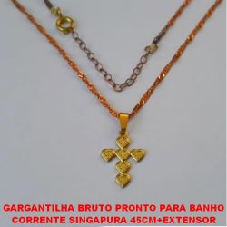 GARGANTILHA BRUTO PRONTO PARA BANHO COM CORRENTE SINGAPURA 45CM+EXTENSOR (3814)PINGENTE CRUZ 6 CORAÇÕES 15MM C/ BOLINHAS PESO TOTAL 2,1GR - BRU0963