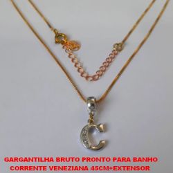 GARGANTILHA BRUTO PRONTO PARA BANHO CORRENTE VENEZIANA 45CM+EXTENSOR  (TT)PINGENTE COM A LETRA ''C'' CRAVEJADA EM MICRO ZIRCONIAS PESO TOTAL 3GR - BRU4329