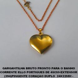 GARGANTILHA BRUTO PRONTO PARA O BANHO COM CORRENTE ELLO PORTIGUES DE 45CM+EXTENSOR (394)PINGENTE CORAÇAO DUPLO  24X22MM - - PESO TOTAL 5,9GR - BRU3073