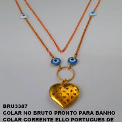 COLAR NO BRUTO PRONTO PARA BANHO  COLAR CORRENTE ELLO PORTUGUES DE  ''(80CM)'' CORAÇÃO EM OLHO GREGO+OLHO GREGO DE 10MM -  COM PINGENTE DE CORAÇÃO EM LATÃO - PESO TOTAL 10.8GR - BRU3387
