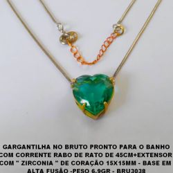 GARGANTILHA NO BRUTO PRONTO PARA O BANHO COM CORRENTE RABO DE RATO DE 45CM+EXTENSOR  COM '' ZIRCONIA '' DE CORAÇÃO 15X15MM - BASE EM  ALTA FUSÃO -PESO 6,9GR - BRU3038