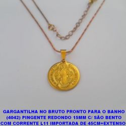 GARGANTILHA NO BRUTO PRONTO PARA O BANHO  (4042) PINGENTE REDONDO 15MM C/ SÃO BENTO  COM CORRENTE L11 IMPORTADA DE 45CM+EXTENSOR PESO TOTAL 3.3GR - BRU55379