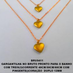 GARGANTILHA NO BRUTO PRONTO PARA O BANHO  COM TREIS(3)CORRENTE 40CM/50CM/60CM COM  PINGENTE()CORAÇÃO  DUPLO 12MM PESO TOTAL 6.4GR - BRU5411