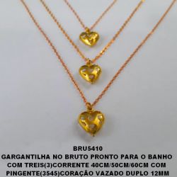 GARGANTILHA NO BRUTO PRONTO PARA O BANHO  COM TREIS(3)CORRENTE 40CM/50CM/60CM COM  PINGENTE(3545)CORAÇÃO VAZADO DUPLO 12MM PESO TOTAL 6.4GR - BRU5410