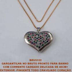 GARGANTILHA NO BRUTO PRONTO PARA BANHO  COM CORRENTE CADEADO DELICADA DE 45CM+ EXTENSOR -PINGENTE TODO CRAVEJADO CORAÇÃO MICRO ZIRCONIAS  - 2,5CM - PESO TOTAL 9.5GR -  BRU5122