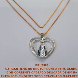 GARGANTILHA NO BRUTO PRONTO PARA BANHO  COM CORRENTE CADEADO DELICADA DE 45CM+ EXTENSOR -PINGENTE TODO CRAVEJADO N.APARECIDA MICRO ZIRCONIAS  - 25MM - PESO TOTAL 4.6GR -  BRU5383