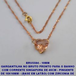 GARGANTILHA NO BRUTO PRONTO PARA O BANHO COM CORRENTE SINGAPURA DE 45CM - PINGENTE DE 10X10MM - (BASE EM LATÃO) COM ZIRCONIA DE  CORAÇÃO - PESO 2.5GR - BRU5584