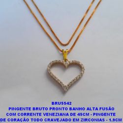 GARGANTILHA BRUTO PRONTO BANHO(CX91) ALTA FUSÃO COM CORRENTE VENEZIANA DE 45CM - PINGENTE  DE CORAÇÃO TODO CRAVEJADO EM ZIRCONIAS - 1.9CM  PESO TOTAL 2,9GR - BRU5542