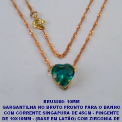 GARGANTILHA NO BRUTO PRONTO PARA O BANHO COM CORRENTE SINGAPURA DE 45CM - PINGENTE DE 10X10MM - (BASE EM LATÃO) COM ZIRCONIA DE  CORAÇÃO - PESO 2.5GR - BRU5580