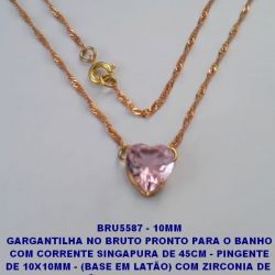 GARGANTILHA NO BRUTO PRONTO PARA O BANHO COM CORRENTE SINGAPURA DE 45CM - PINGENTE DE 10X10MM - (BASE EM LATÃO) COM ZIRCONIA DE  CORAÇÃO - PESO 2.5GR - BRU5587