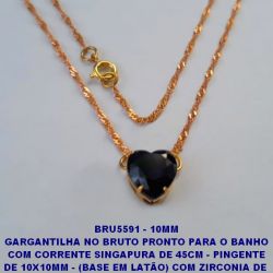 GARGANTILHA NO BRUTO PRONTO PARA O BANHO COM CORRENTE SINGAPURA DE 45CM - PINGENTE DE 10X10MM - (BASE EM LATÃO) COM ZIRCONIA DE  CORAÇÃO - PESO 2.5GR - BRU5591