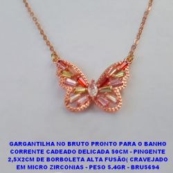 GARGANTILHA NO BRUTO PRONTO PARA O BANHO CORRENTE CADEADO DELICADA 50CM - PINGENTE 2,5X2CM DE BORBOLETA ALTA FUSÃO( TODO CRAVEJADO EM MICRO ZIRCONIAS - PESO 5.4GR - BRU5694