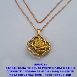 GARGANTILHA NO BRUTO PRONTO PARA O BANHO CORRENTE CADEADO DE 45CM -(1494) PINGENTE  ROSA DUPLA VAZ 20MM - PESO TOTAL 3,2GR  BRU5718