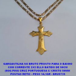 GARGANTILHA NO BRUTO PRONTO PARA O BANHO COM CORRENTE 2X2 ELLO BATIDO DE 50CM (664) PING CRUZ PORTUGUESA C/ CRISTO 50MM  PONTAS RETIC - PESO 14.1GR - BRU5735
