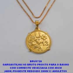 GARGANTILHA NO BRUTO PRONTO PARA O BANHO COM CORRENTE VENEZIANA COM 45CM (4688) PINGENTE REDONDO 20MM C/ AMULETOS  DA SORTE - PESO TOTAL 3,4GR - BRU5728