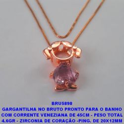 GARGANTILHA NO BRUTO PRONTO PARA O BANHO COM CORRENTE VENEZIANA DE 45CM - PESO TOTAL 4.6GR - ZIRCONIA DE CORAÇÃO -PING. DE 20X12MM (MENINA) - BRU5898