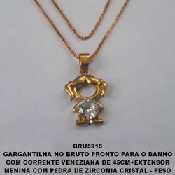 GARGANTILHA NO BRUTO PRONTO PARA O BANHO COM CORRENTE VENEZIANA DE 45CM+EXTENSOR MENINA COM PEDRA DE ZIRCONIA CRISTAL - PESO 3.9GR - FECHO LAGOSTA - BRU5915