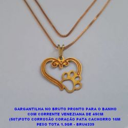 GARGANTILHA NO BRUTO PRONTO PARA O BANHO COM CORRENTE VENEZIANA DE 45CM (507)FOTO CORROSÃO CORAÇÃO PATA CACHORRO 16M  PESO TOTA 1.9GR - BRU4339