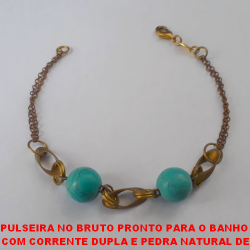 PULSEIRA NO BRUTO PRONTO PARA O BANHO  COM CORRENTE DUPLA E PEDRA NATURAL DE HOWLITA TURQUESA DE 12 MM  PESO 7,7GR - TAMANHO 18CM - BRU3462