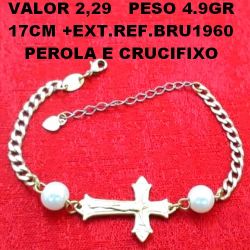 PULSEIRA NO BRUTO PRONTO PARA O BANHO COM CRUCIFIXO E PEROLA DE 8MM PESO TOTAL 4.9GR COM 17CM+EXTENSOR REF.BRU706B