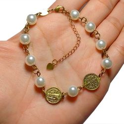 Pulseira No Bruto Pronto Para Banho Com Perolas Tamanho Aproximado: 19,0cm Extensor: 6,0cm Peso: 6,1 gramas REF: BRU1985