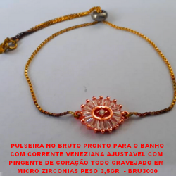 PULSEIRA NO BRUTO PRONTO PARA O BANHO COM CORRENTE VENEZIANA AJUSTAVEL COM  PINGENTE DE CORAÇÃO TODO CRAVEJADO EM  MICRO ZIRCONIAS PESO 3,5GR  - BRU3000