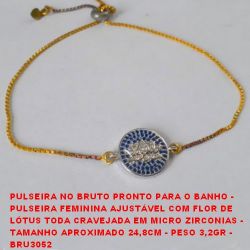 PULSEIRA NO BRUTO PRONTO PARA O BANHO - PULSEIRA FEMININA AJUSTÁVEL COM FLOR DE LÓTUS TODA CRAVEJADA EM MICRO ZIRCONIAS -  TAMANHO APROXIMADO 24,8CM - PESO 3,2GR -  BRU3052