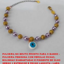 PULSEIRA NO BRUTO PRONTO PARA O BANHO -  PULSEIRA FEMININA COM PÉROLAS, BOLAS E OLHO  GREGO + EXTEN. E FECHO LAGOS. - LARG. DAS  PÉR. 5MM - LARG. DAS BOL. 6MM - TAM. 23,0CM -  PESO 4,4GR - BRU3176