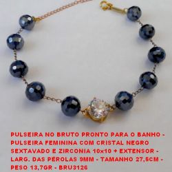 PULSEIRA NO BRUTO PRONTO PARA O BANHO -  PULSEIRA FEMININA COM CRISTAL NEGRO  SEXTAVADO E ZIRCONIA 10x10 + EXTENSOR -  LARG. DAS PÉROLAS 9MM - TAMANHO 27,5CM -  PESO 13,7GR - BRU3126