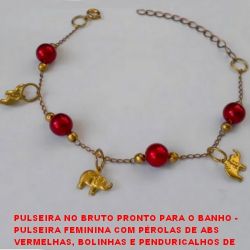 PULSEIRA NO BRUTO PRONTO PARA O BANHO -  PULSEIRA FEMININA COM PÉROLAS DE ABS,  BOLAS E PINGENTES DE ELEFANTE + EXTENSOR -  LARG. DAS PÉR.8MM - LARG. DAS BOL. 4MM - TAM.  23,5CM - PESO 3,5GR - BRU3118