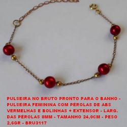 PULSEIRA NO BRUTO PRONTO PARA O BANHO -  PULSEIRA FEMININA COM PÉROLAS DE ABS  VERMELHAS E BOLINHAS + EXTENSOR - LARG.  DAS PÉROLAS 8MM - TAMANHO 24,0CM - PESO 2,6GR - BRU3117