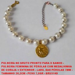 PULSEIRA NO BRUTO PRONTO PARA O BANHO -  PULSEIRA FEMININA DE PÉROLAS COM MEDALHINHA DE CORUJA + EXTENSOR - LARG. DAS PÉROLAS 7MM -  TAMANHO 26,2CM - PESO 7,5GR - BRU3149