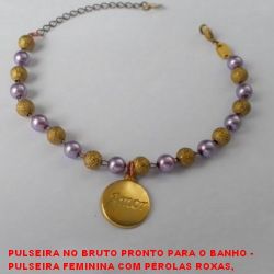 PULSEIRA NO BRUTO PRONTO PARA O BANHO -  PULSEIRA FEMININA COM PÉROLAS, BOLINHAS  DIAMANTADAS E MEDALHINHA COM A PALAVRA AMOR -  LARG. DAS PÉR. 5MM - LARG. DAS BOL.6MM -  TAM. 23,0CM - PESO 5,1GR - BRU3225
