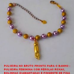 PULSEIRA NO BRUTO PRONTO PARA O BANHO -  PULSEIRA FEMININA COM PÉROLAS, BOLINHAS  DIAMANTADAS E PINGENTE DE FIGA - LARG. DAS  PÉR. 5MM - LARG. DAS BOL. 6MM - TAM. 22,5CM -  PESO 4,9GR - BRU3226