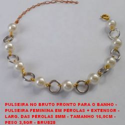 PULSEIRA NO BRUTO PRONTO PARA O BANHO -  PULSEIRA FEMININA EM PÉROLAS + EXTENSOR -  LARG. DAS PÉROLAS 8MM - TAMANHO 16,0CM -  PESO 3,5GR - BRU828