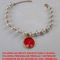 PULSEIRA NO BRUTO PRONTO PARA O BANHO -  PULSEIRA FEMININA DE PÉROLAS + EXTENSOR  E PINGENTE DE DE ARVORE DA VIDA VERMELHA -  LARG. DAS PÉROLAS 7MM - TAMANHO 18,5CM -  PESO 5,2GR - BRU2133