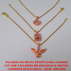 PULSEIRA NO BRUTO PRONTO PARA O BANHO KIT COM 3 PULSEIRA EM ZIRCONIAS E CRISTAL CORRENTE DE BOLINHAS - 18CM - BRU3409