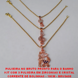 PULSEIRA NO BRUTO PRONTO PARA O BANHO KIT COM 3 PULSEIRA EM ZIRCONIAS E CRISTAL CORRENTE DE BOLINHAS - 18CM - BRU3408