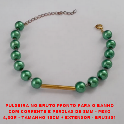 PULSEIRA NO BRUTO PRONTO PARA O BANHO COM CORRENTE E PEROLAS DE 8MM - PESO 4,6GR - TAMANHO 18CM + EXTENSOR - BRU3401