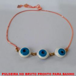 PULSEIRA NO BRUTO PRONTO PARA BANHO PULSEIRA AJUSTAVEL (REGULAVEL) COM TREIS OLHO GREGO DE 10MM PESO TOTAL 3,2GR - BRU0028