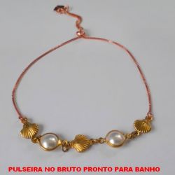PULSEIRA NO BRUTO PRONTO PARA BANHO  (PESO 2,6GR) CORRENTE VENEZIANA  AJUSTAVEL com CONCHA de latão COM MEIA PEROLA DE 8MM  18CM - BRU0865