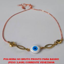 PULSEIRA NO BRUTO PRONTO PARA BANHO  (PESO 2,6GR) CORRENTE VENEZIANA  AJUSTAVEL com coração de latão PEDRA DE OLHO GREGO 10MM TAMANHO  18CM  BRU1181