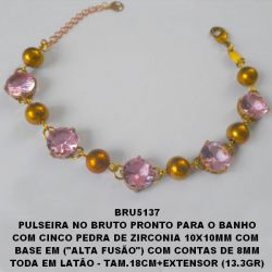 PULSEIRA NO BRUTO PRONTO PARA O BANHO COM CINCO PEDRA DE ZIRCONIA 10X10MM COM  BASE EM (''ALTA FUSÃO'') COM CONTAS DE 8MM TODA EM LATÃO - TAM.18CM+EXTENSOR (13.3GR) BRU5137
