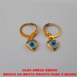 BRINCO NO BRUTO PRONTO PARA O BANHO BRINCO ARGOLINHA(TRANQUETA) COM PINGENTE DE OLHO GREGO PINGENTE CORAÇÃO DE 8MM - PESO 1,0GR BRU0937