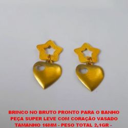 BRINCO NO BRUTO PRONTO PARA O BANHO PEÇA SUPER LEVE COM CORAÇÃO VASADO TAMANHO 16MM - PESO TOTAL 2,1GR -  BRU1304